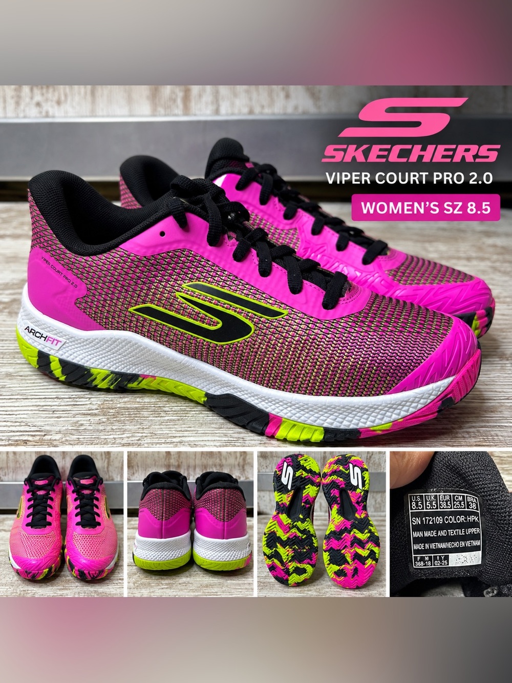 Skechers Viper Court Pro 2.0 Women’s 8.5 Hot Pink Arch Fit Pickleball Shoes